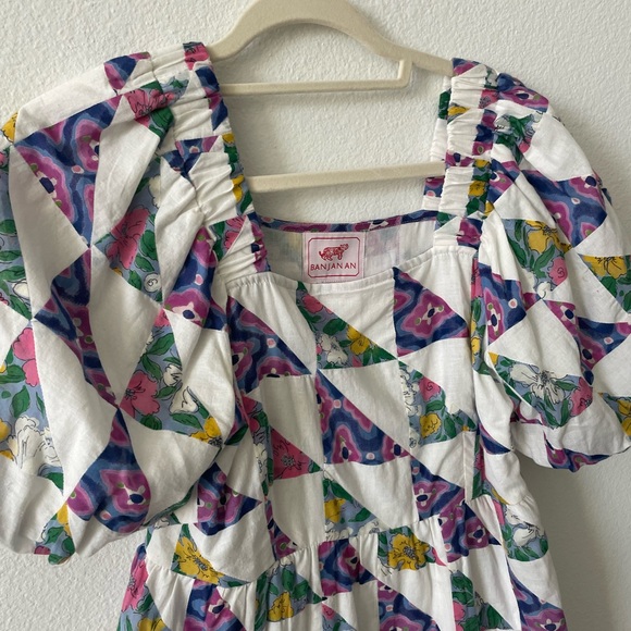 Banjanan Colorful Geometric Dress Women’s Small Puff Sleeve Cottage Coquette - Picture 2 of 5